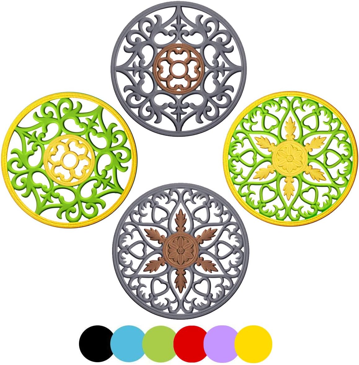 Dushi 4 Set Silicone Round Trivet Mulit-Purpose Spoon Rest Insulated Flexible Pot Holder Coasters Hot Pads Placemats