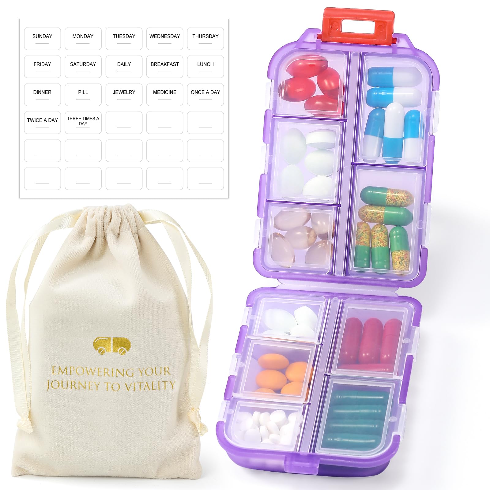 Photo 1 of 1 Pack Travel Handy Pill Organizer/Holder Box w Labels & 1 Drawstring Pouch, Small 10 Compartments Pocket Pharmacy Portable Medicine Container Case - Daily Weekly Medication Organizer - Purple