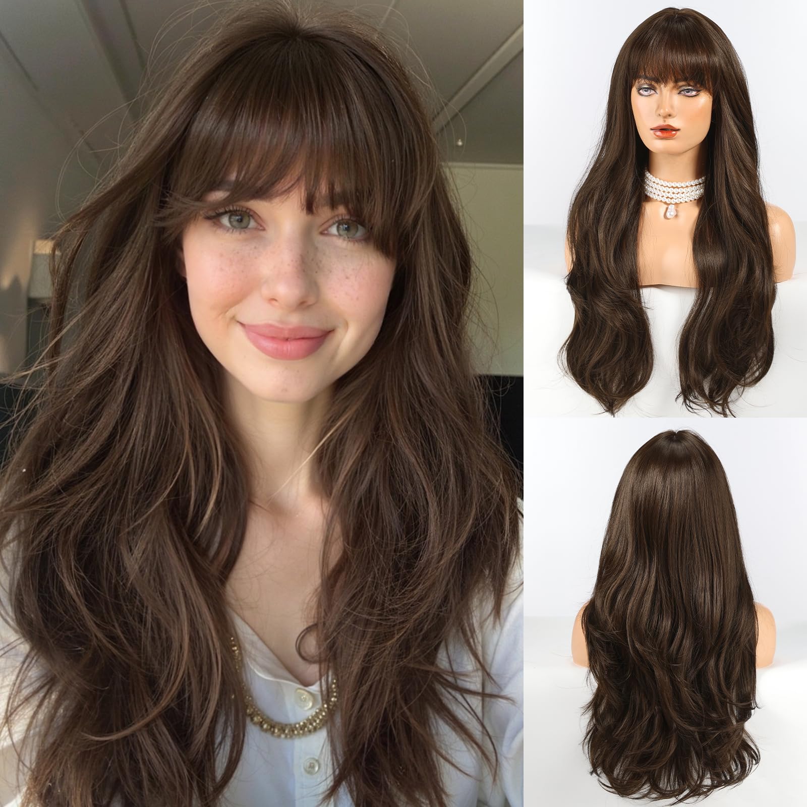 Photo 1 of HAIRCUBE Long Dark Brown Wig with Bangs Layered Curly Wigs for Women Natural Synthetic Wigs for Daily Use (pelucas de cabello natural)