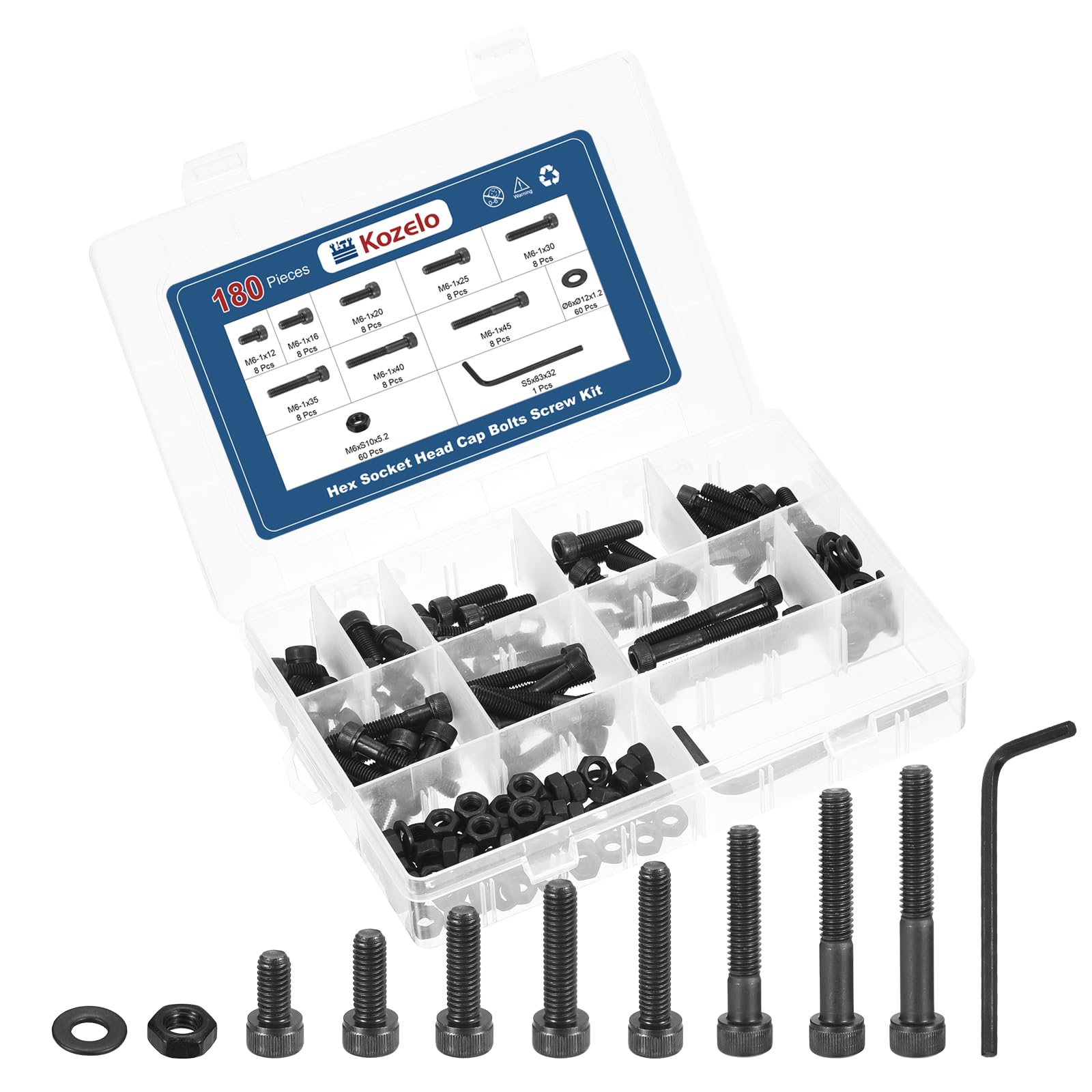 Kozelo 180pcs M6 Socket Head Cap Screws Bolts Nuts Assortment Kit - [M6x12/16/20/25/30/35/40/45mm] Alloy Steel Black Oxide 12.9 Internal Hex Screw for 3D Printer Use,with Wrench