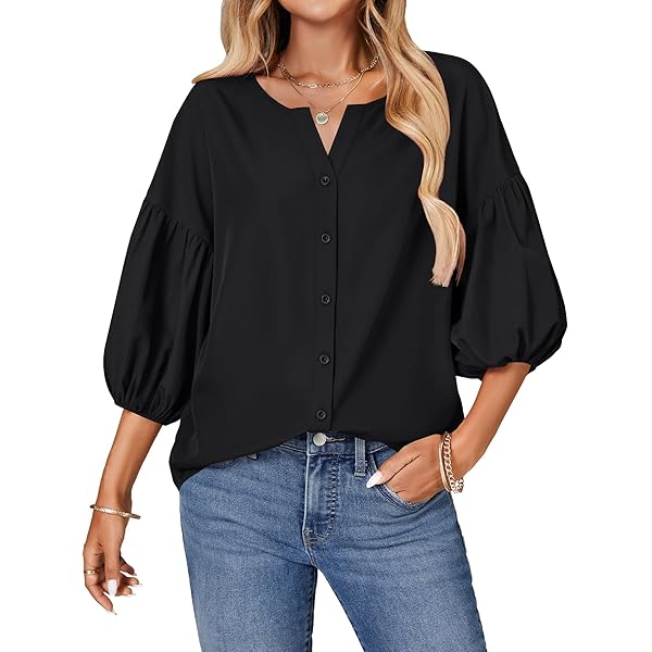 Azhong Women's Collared Puff Long Sleeve Deep V Neck Button Crop