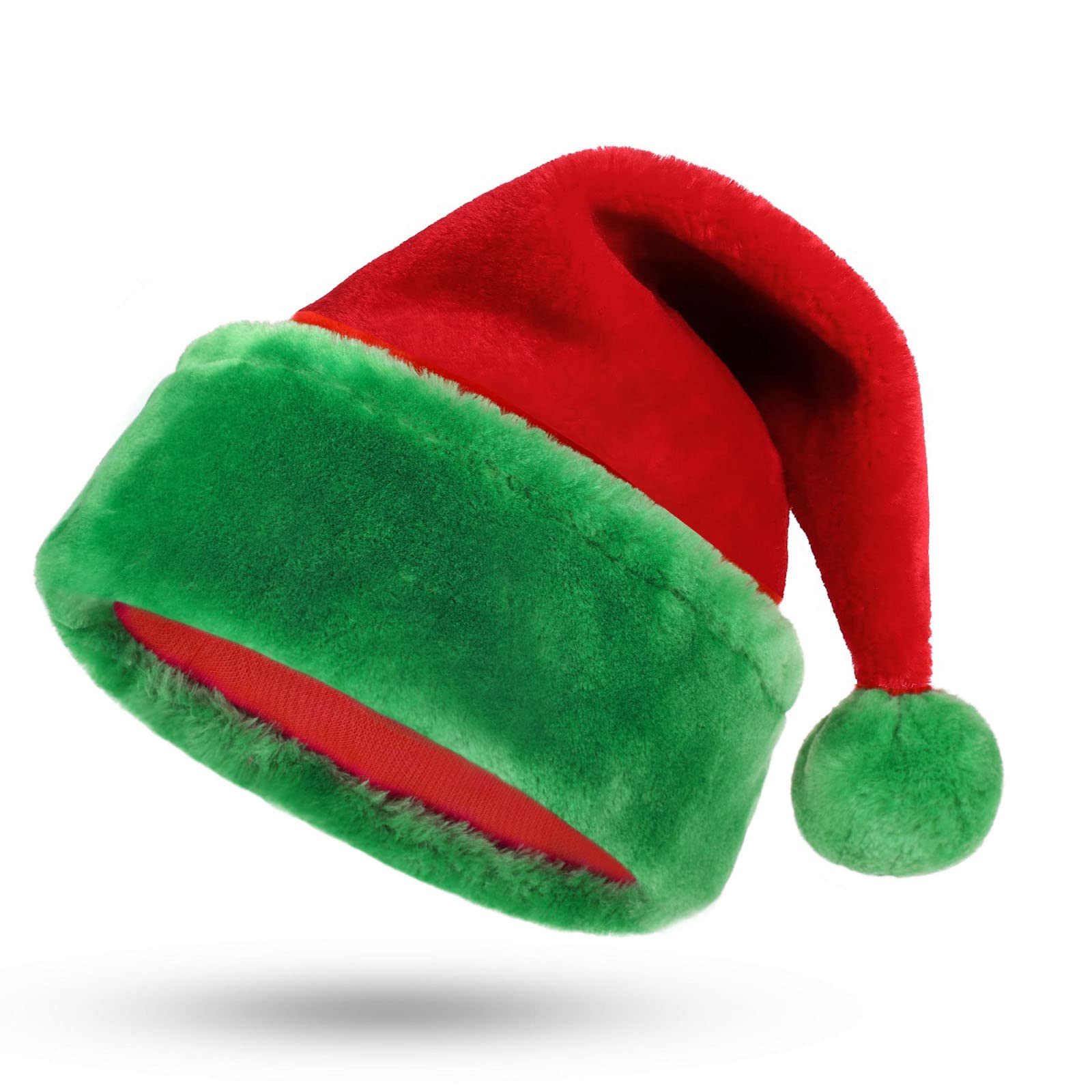 KONVINIT Xmas Hat Christmas Hat for Adult Deluxe Plush Santa Hat with a Faux Fur Pompom on top and wide for Santa Clothing,Elf hat for Elf Clothing, Red and Green — image 1