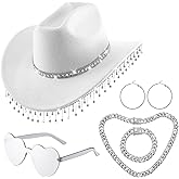 Zhamate 5 Pcs Rhinestone Cowgirl Hat with Fringe Rhinestone with Necklace Bracelet Circle Earring Sunglasses for Women Gifts Halloween Costume White