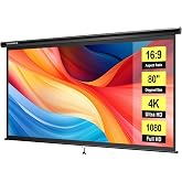 VIVOHOME 80 Inch 16:9 Pull Down Projector Screen, Black | Manual Retractable 4K Projection Screen for Home Theater, Roll Up ALR Movie Screen for Ceiling and Wall Mount