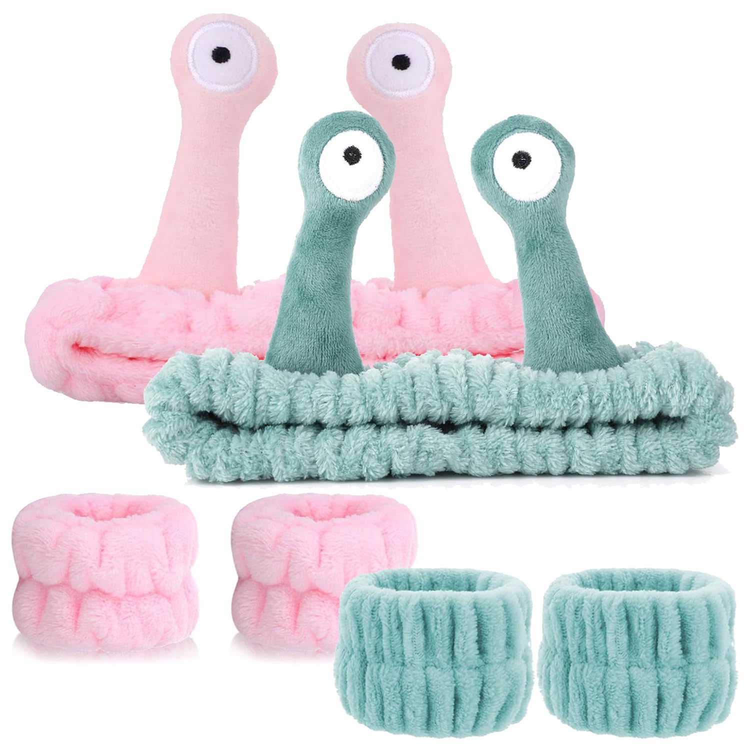 Bohue 2Pcs Spa Headband Face Wash Wristband Set Cute Cartoon Snail Headband Soft Elastic Coral Fleece Hair Band for Face Washing Skincare Yoga Sports Makeup Bath