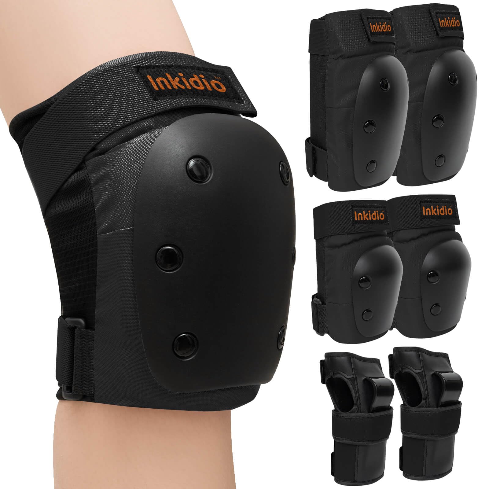 Inkidio Kids/Women/Men Protective Gear Set with Knee Pads, Elbow Pads, and Wrist Guards, Ideal for Roller Skate Inline Skating Skateboard Scooter Riding Cycling Bike(Large, Black)