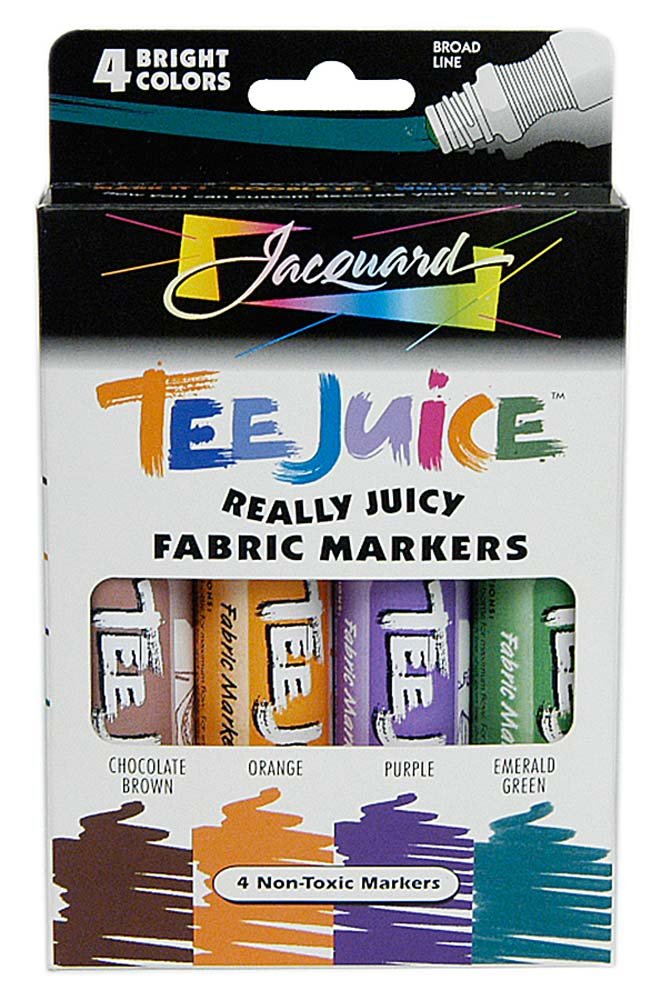 Jacquard Tee Juice Fabric Markers for T-Shirts, Permanent Textile Pens for Clothes & Crafts, Non-Toxic Fine Tip Art Supplies for Kids and Adults, 4 Assorted Vibrant Colours