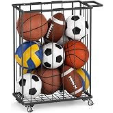 ClookRack Garage Ball Storage Rack with Wheels, Metal Sports Ball Holder | Basketball Soccer Volleyball Holder with Adjustable Elastic Cords, Ball Organizer Space Saving Rack for Basement Gym Outdoor