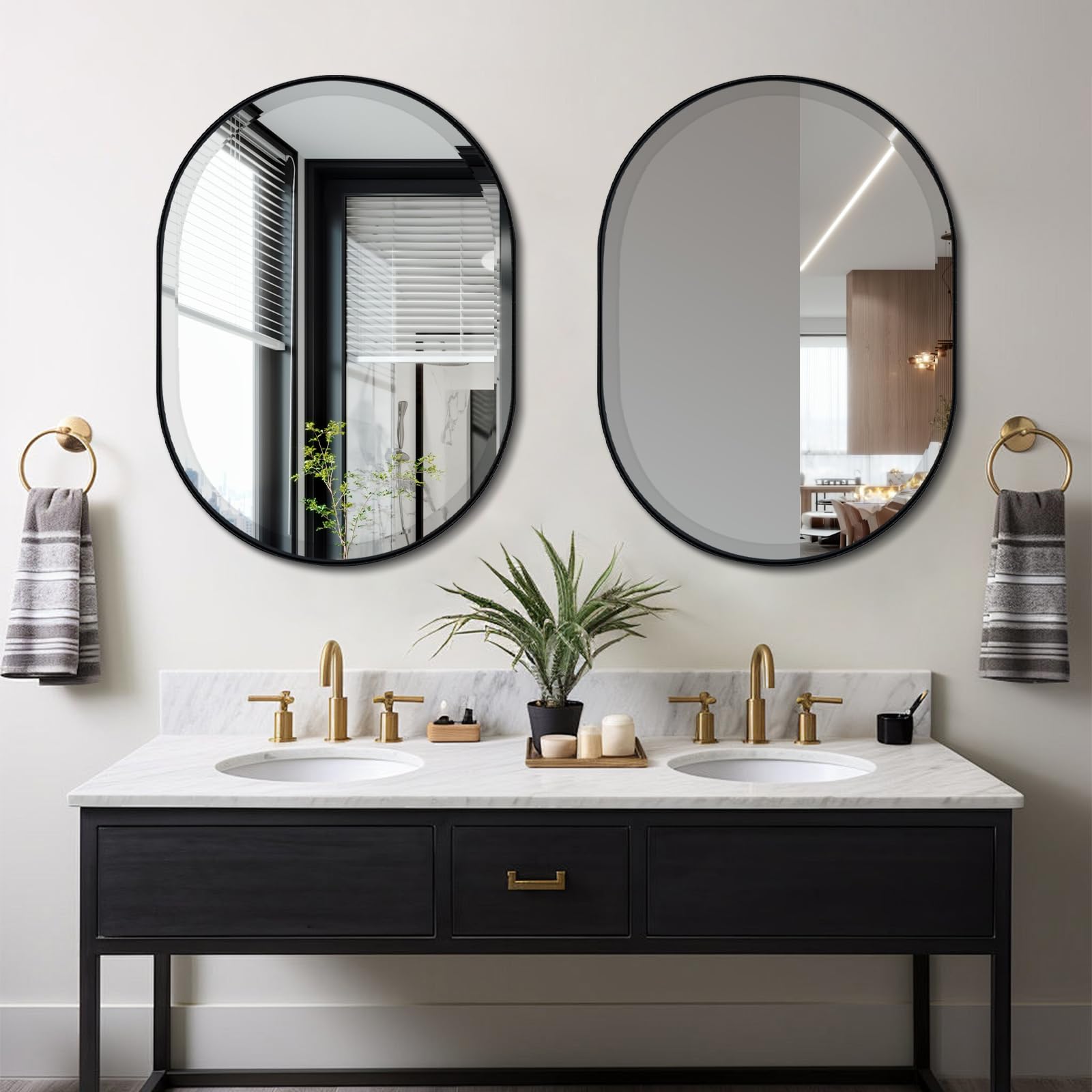 POZINO Black Oval Mirror, Beveled Scalloped Mirror, 22