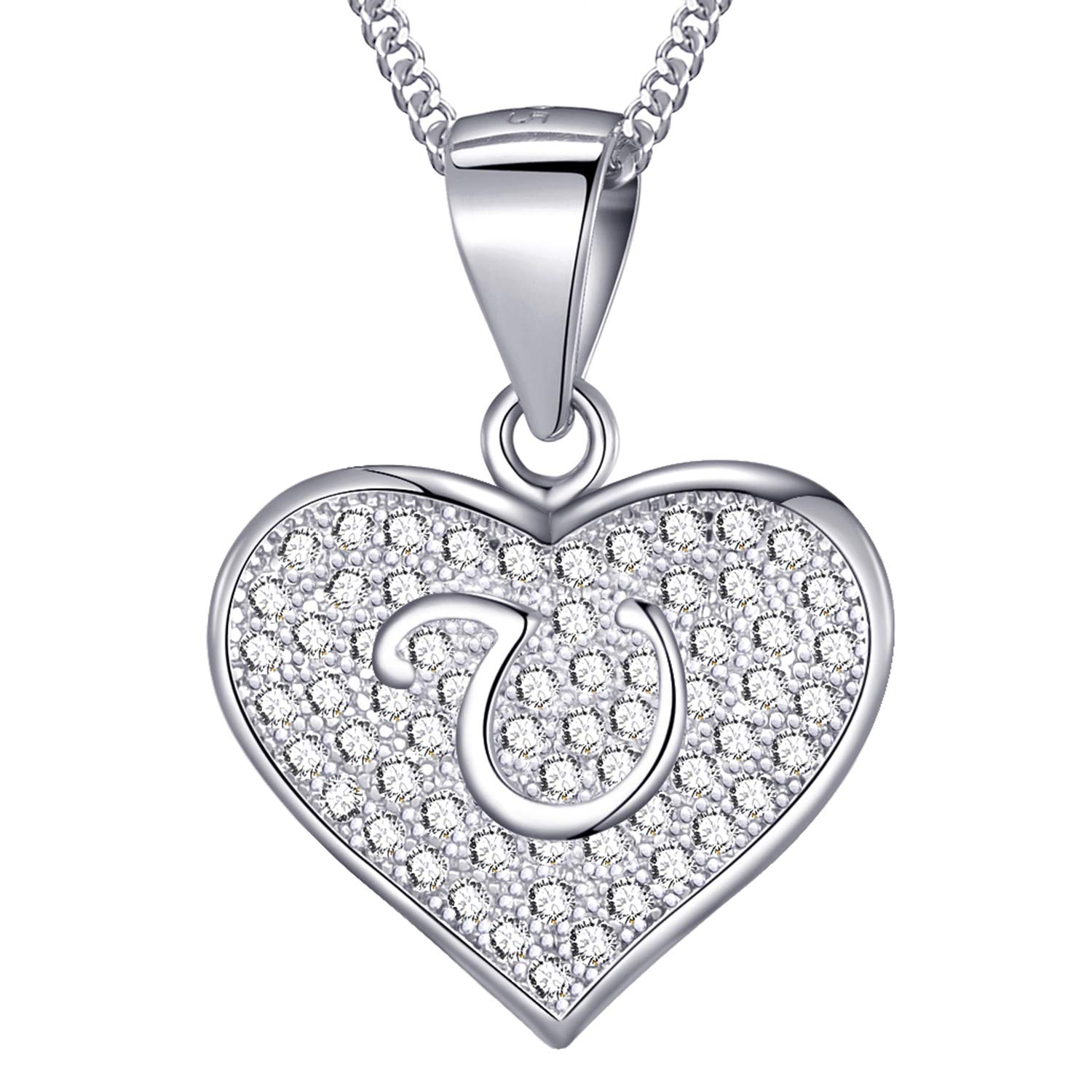 MASADA 925 Sterling Silver Heart Letter Necklace - Initial Pendant with Zircon Stones - Letter U - Personalised Alphabet, Teens & Girls - 46 cm - 18 inch Chain in Velvet Bag — image 1