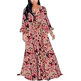 BOGURST Plus Size Maxi Dress for Women Chiffon Deep V-Neck Printed Loose Summer Beach Dresses