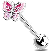 Melighting Butterfly Tongue Ring 14G Pink Tongue Piercing Jewelry Internally Threaded Tongue Jewelry Stainless Steel Tongue Bars For Women Body Piercing Jewelry