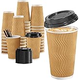 SIUQ 16 oz Coffee Cups-90 Pack Disposable Coffee Cups with Lids and Straws, Insulated Ripple Wall To Go Paper Coffee Cup for Coffee, Juice, Hot Chocolate and Hot Tea Drinks - Champagne