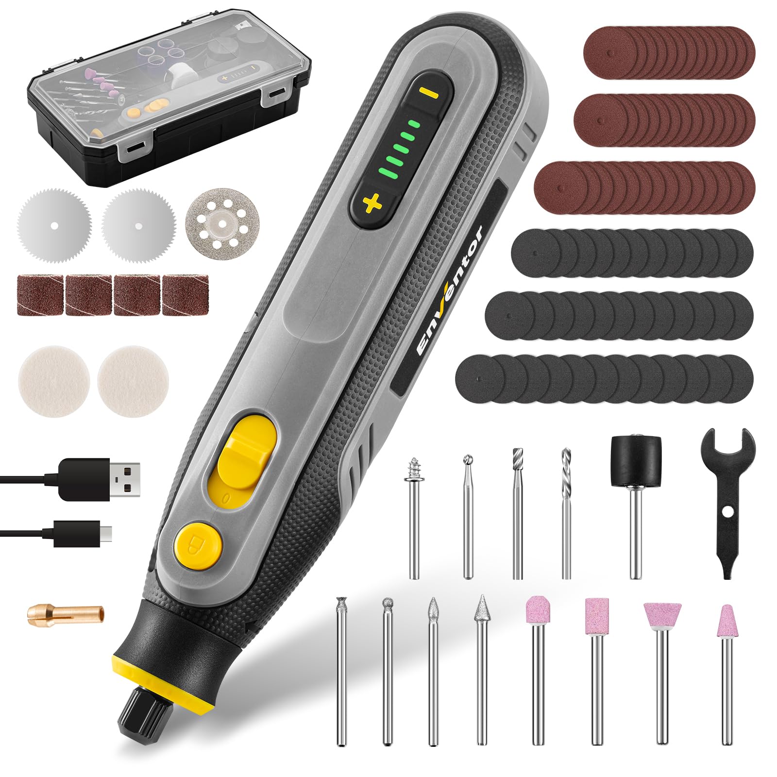 Enventor 4V Mini Multifunktionswerkzeug Akku, Rotationswerkzeug-Set, 5 Variable Geschwindigkeiten, 5000-25000 RPM, 104-tlg Zubehör zum Schnitzen, Schleifen, Polieren, Schneiden, Bohren