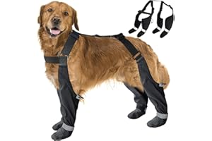 PURRHUG Dog Suspender Boots, Large Dog Rain Boots, Waterproof Doggy Winter Boot Snow Pants, Paw Protectors Legging Shoes with Suspenders, Anti-Slip Rain Boot (Large, BLACKc)