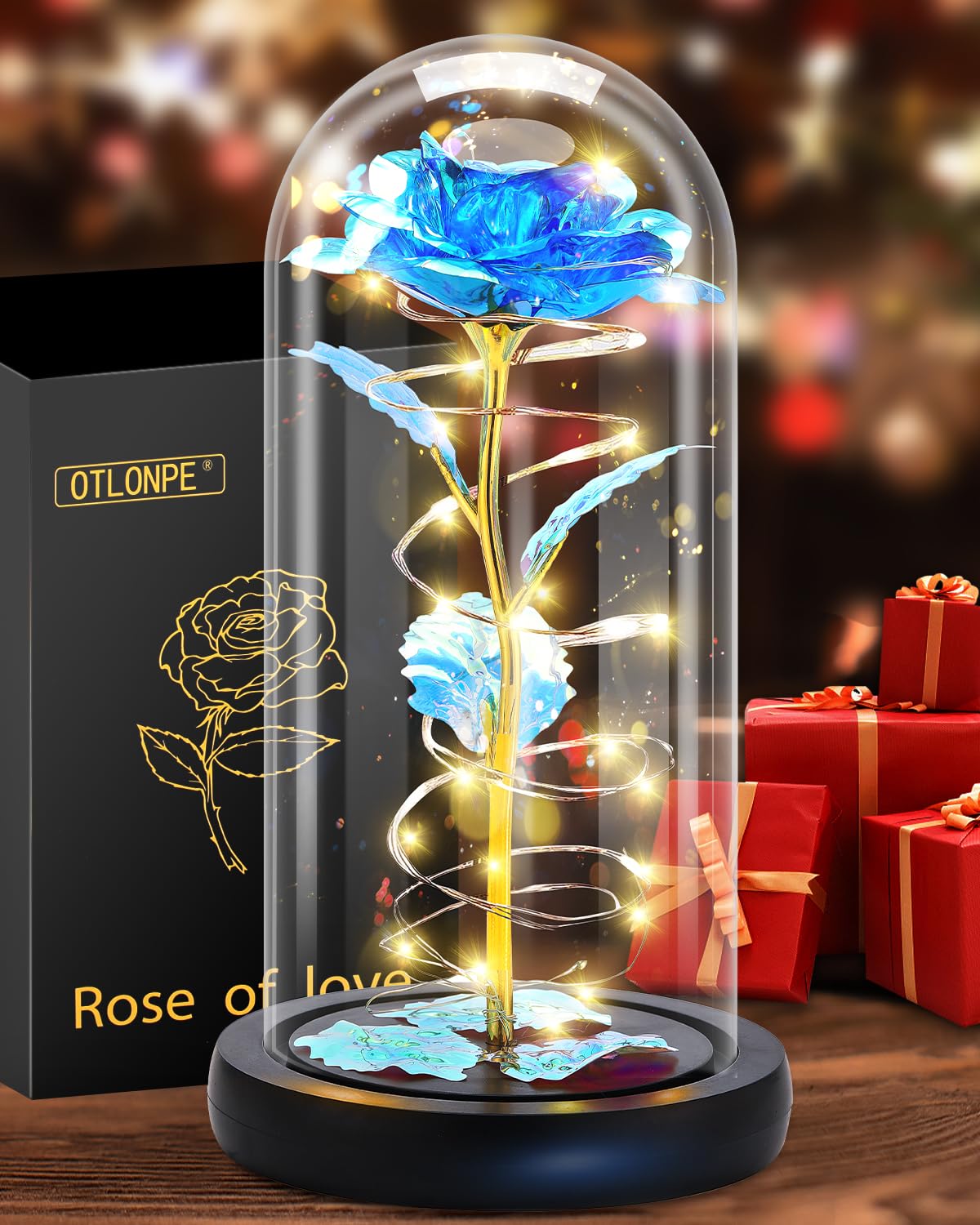 Otlonpe Preserved Forever Mothers Day Flower Gifts for Mom, Glass Light Up Rose Gifts for Women Grandma Girlfriend Wife Sister Her, Valentines Mothers Day Christmas Birthday Womens Gift (Blue)