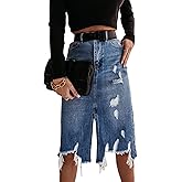 SOMTHRON Women's Ripped Distressed Denim Skirt Frayed Raw Hem Knee Length Split Front Bodycon Jean Skirts