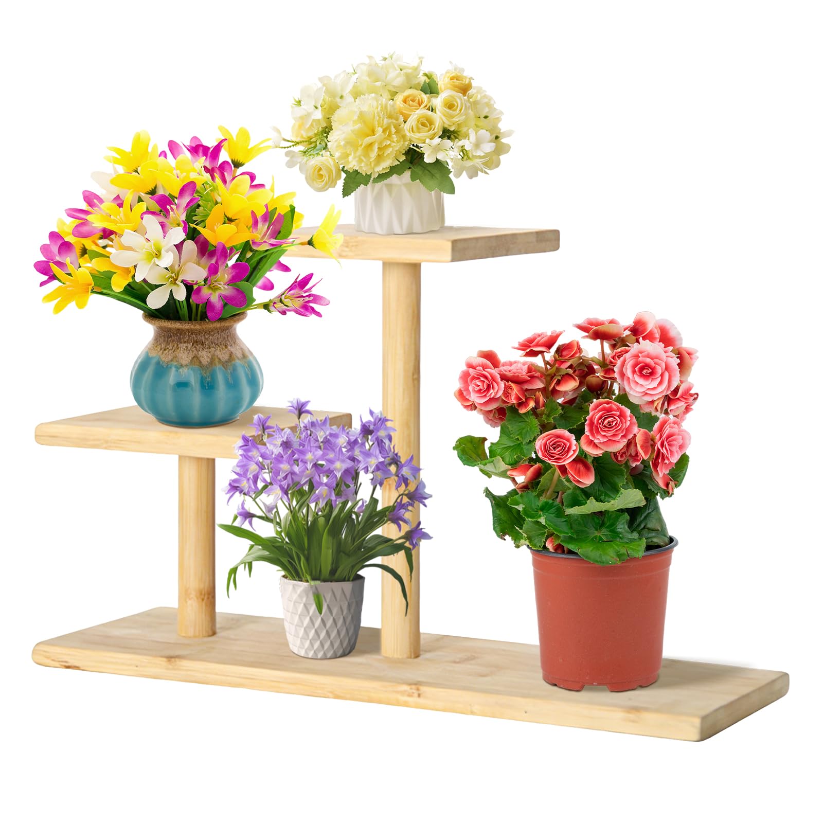 QUMENEY Bamboo Plant Stand Indoor, Mini 3-Tier Mini Tabletop Wood Succulent Plant Stand, Desk Organizer Display Rack for Outdoor Desk Garden Balcony Patio