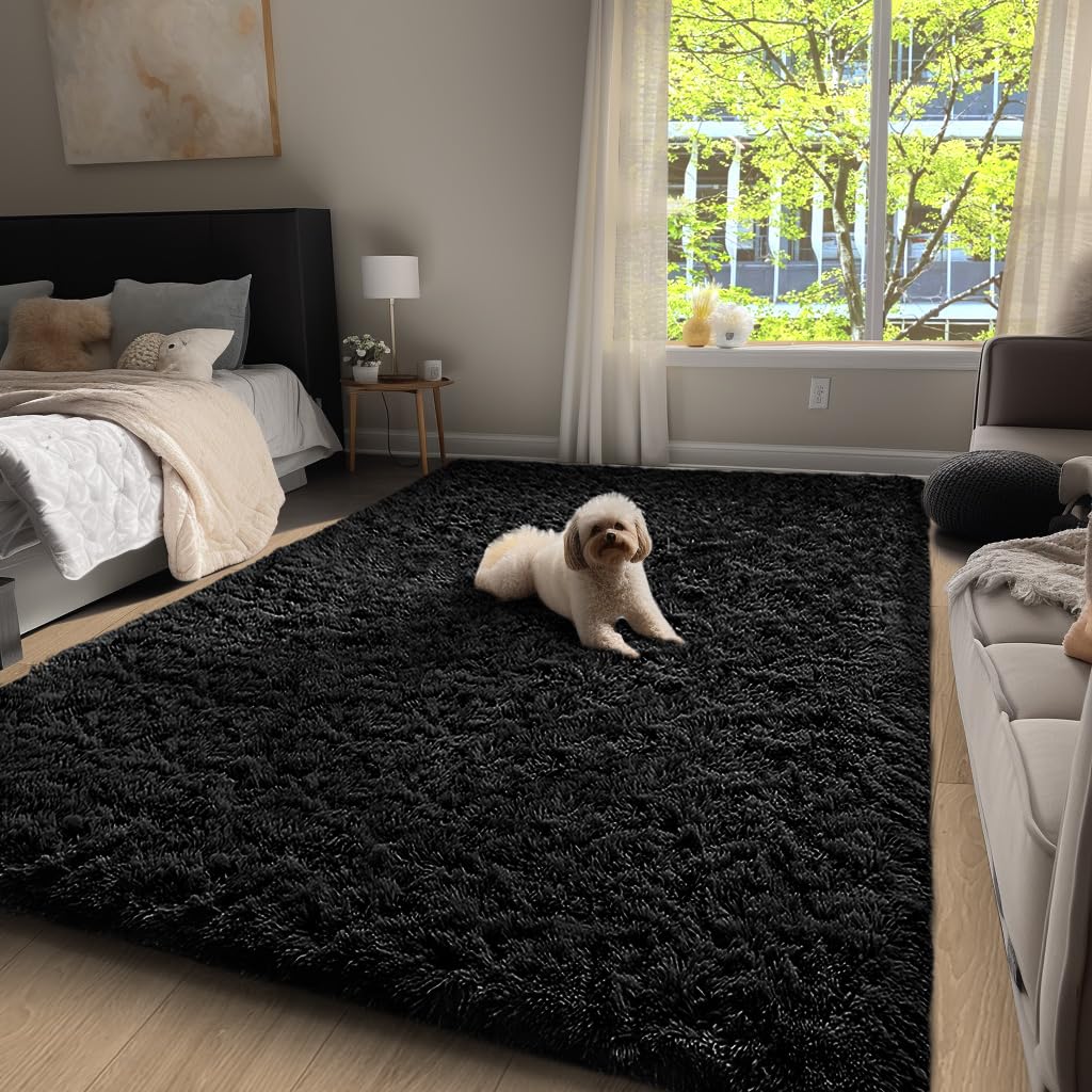 Photo 1 of Ophanie Upgrade 3x5 Rugs for Bedroom, Black, Fluffy Shaggy Soft Area Rug, Non-Slip Indoor Floor Carpet for Living Room, Kids Baby Boys Teen Dorm Home Decor Aesthetic, Nursery, Rug