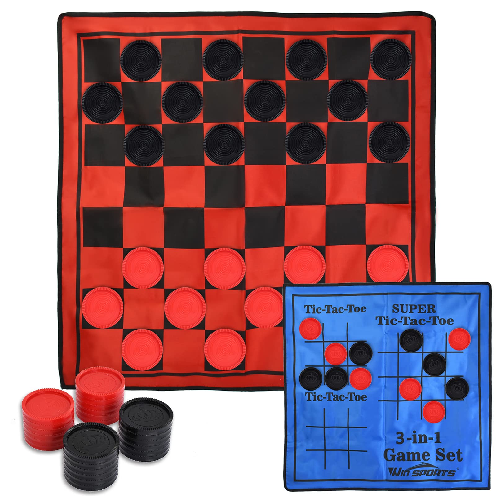 Photo 1 of Win SPORTS 3 in 1 Giant Checkers Game Set,Super Tic Tac Toe,Including Reversible Rug with 24 Checkers,Indoor and Outdoor Activity for Kids or Adults,Board Game,Yard Game

