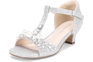 DREAM PAIRS Girls Sandals Ankle Strap T-Strap Low Heel Pearl Bow Flower Pump Dress Wedding Party Shoes for Little Kid/Big Kid