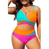 Tempt Me Plus Size High Waisted Two Piece Swimsuit Color Block Bikini Set | Removable Padded Cups for Large Bust, Twist front Design, Color Block Style, Adjustable Straps