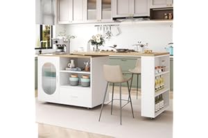 HSH 72.4” Rolling Kitchen Island with Swivel Table, Storage Cabinet, Drawers & Shelves, White Modern Mobile Island Cart on Wheels, Farmhouse Wood Island Table for Kitchen, Dining Room, Home Bar