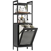 HITNET Tilt Out Laundry Hamper, Bamboo Bathroom Cabinet with Pull Out Removable Bag and 3 Tier Storage Shelves, 8.5 Gallon Cl