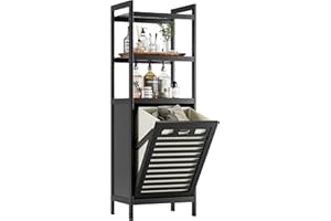 HITNET Tilt Out Laundry Hamper, Bamboo Bathroom Cabinet with Pull Out Removable Bag and 3 Tier Storage Shelves, 10 Gal Clothe