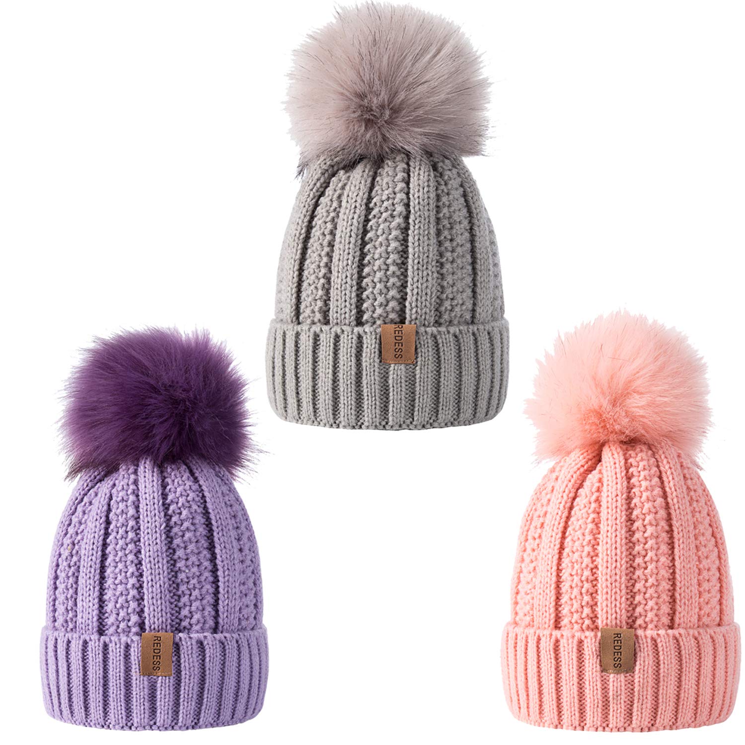 REDESS Kids Winter Warm Fleece Lined Pom Pom Beanie Hat, Baby Toddler Knit Cap