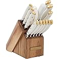 Sabatier Forged Triple Rivet Knife Block Set, 15-Piece, Razor Sharp Kitchen Knife Set with White and Gold Accented Knives, Acacia Block