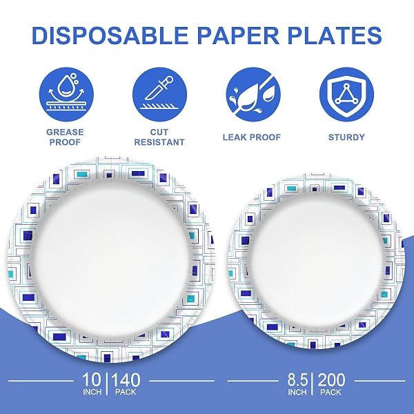 LAMOSI 10 INCH DISPOSABLE PAPER PLATES 140 PACK, PRINTED LARGE PAPER PLATES SOAK AND CUT PROOF FOR PICNIC, PARTY AND DAILY USE
