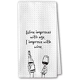 RZQIJ White Cute Kitchen Towels - “Wine Improves with Age, I Improve with Wine” Tea Towels for Kitchen, Dish Cloths, Gifts for Wines Lovers, Housewarming Gifts New Home. 16"x24"(188)