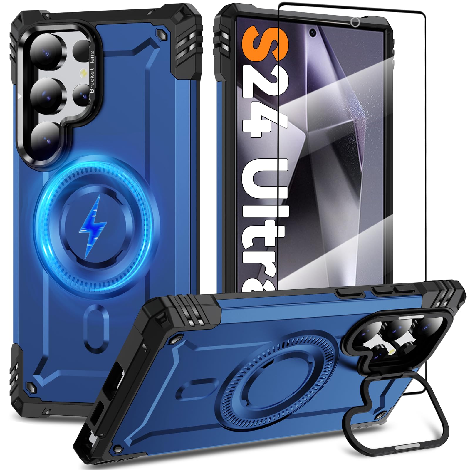 Magnetic Case for Samsung Galaxy S24 Ultra [Built-in Camera Ring Kickstand] [Screen Protector] [Compatible with MagSafe] [Wireless Charging] [Military-Grade Protection] Heavy Duty Rugged Case, Blue