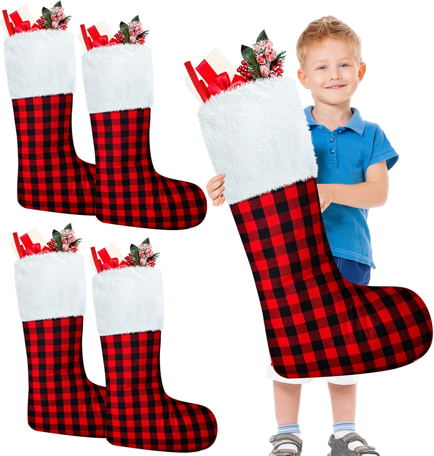 Stockings & Holders - 4 Pieces Jumbo Christmas Stockings 44 Inch Giant Red Plush Felt Christmas Stockings Oversized Large Stockings for Family Holiday Party Decorations (Vivid Style)