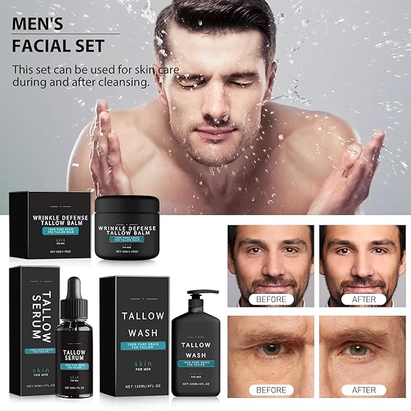 WRINKLE DEFENSE TALLOW BALM, SKIN CARE FOR MEN, MENS FACE CARE SET (TALLOW CREAM + TALLOW NIGHT SERUM + TALLOW FACE WASH), MOISTURIZER & ANTI WRINKLES FOR MEN DAY & NIGHT(1 SET)