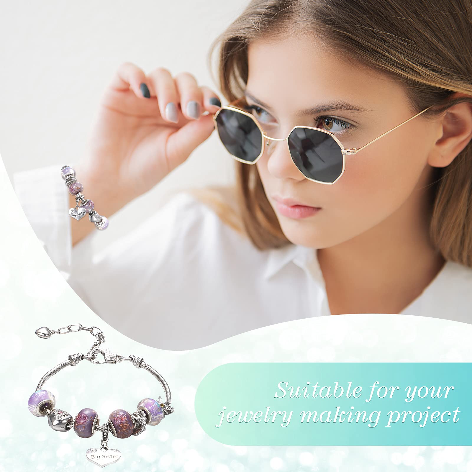 Hicarer 27 Pieces Snake Charm Bracelet Chain Adjustable Charm Bracelet Chain with Heart Shape Extender Copper DIY for Women Jewelry Making(7.9 Inch,Silver)