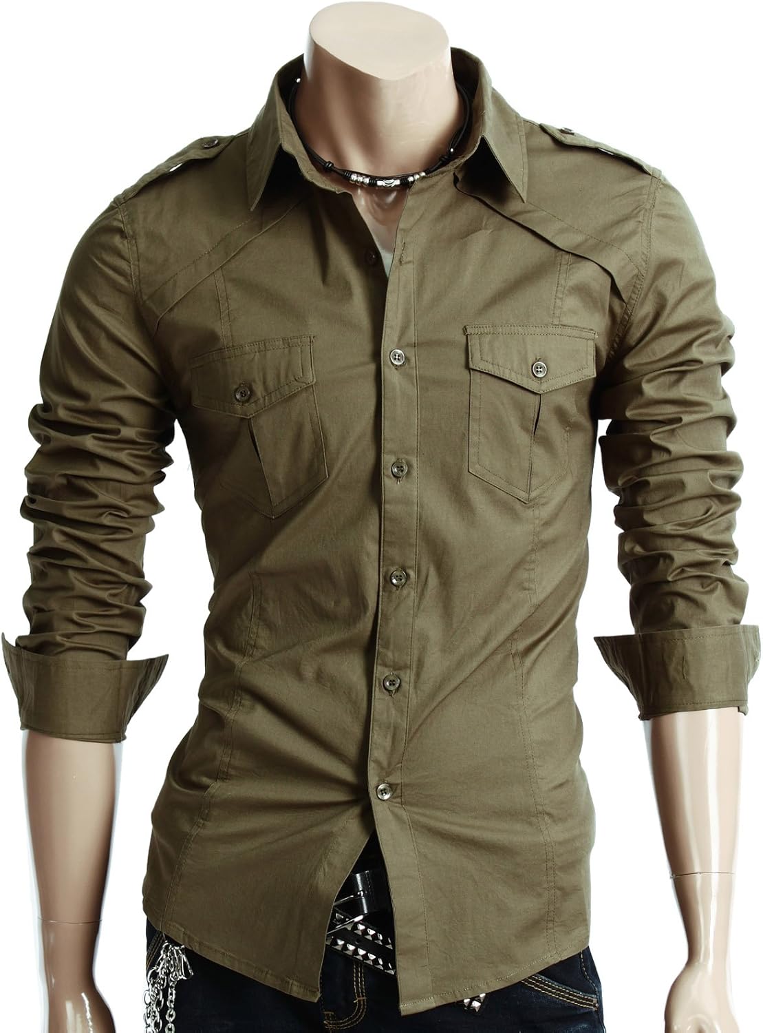 DOUBLJU Mens Casual Shoulder Strap Shirts (CXJL), Khaki, (Large US/XL Asia) Amazon.co.uk Clothing