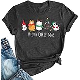 Christmas Shirts for Women Meowy Christmas Tshirt Cat Graphic Tee Short Sleeve Cat Lover Gifts Tops