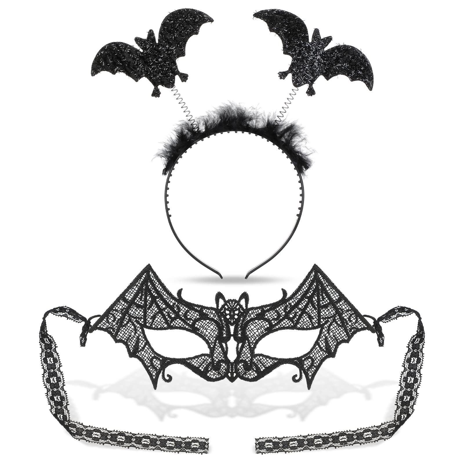 Xinnun 2 Pcs Carnival Bat Spider Ears Headband Black Lace Bat Spider Masks Masquerade Eye Mask Headband Headpiece Fluffy Head Bopper for Women Adult Halloween Gothic Fancy Dress Cosplay(Bat)
