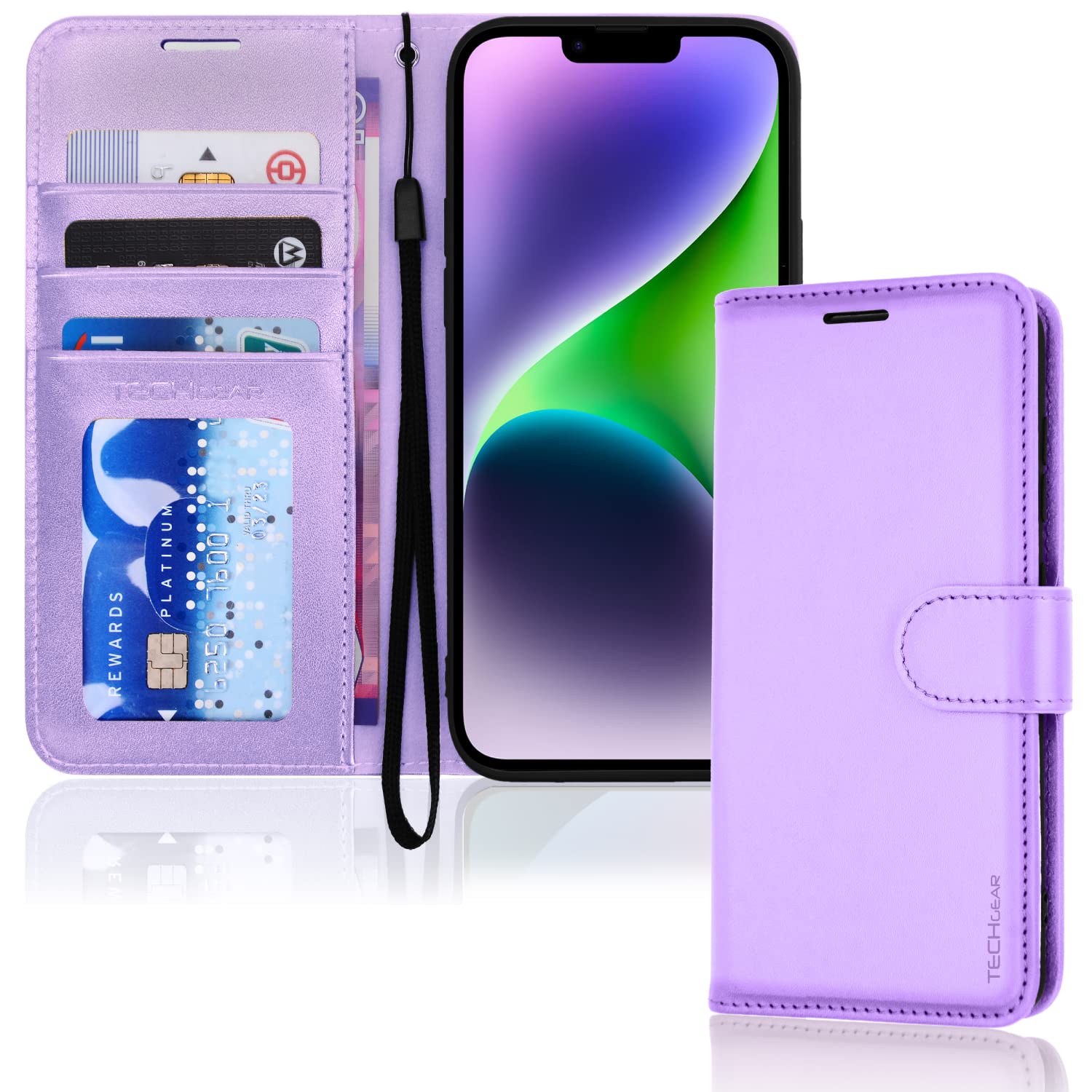 TECHGEAR iPhone 14 Leather Wallet Case, Flip Protective Case Cover with Wallet Card Holder, Stand and Wrist Strap - Purple PU Leather with Magnetic Closure for iPhone 14 6.1"