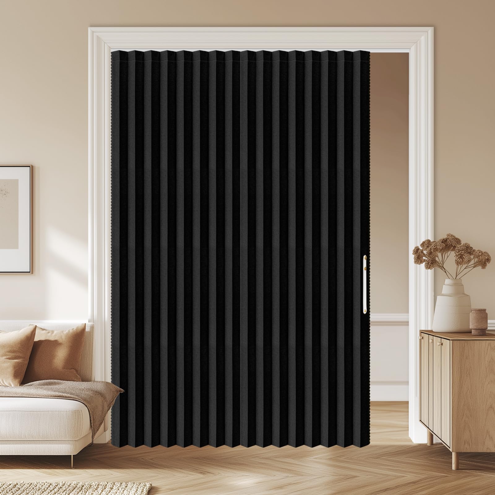 Photo 1 of AJAZZ 100% Blackout Sliding Door Curtains for Doorways, Accordion Doors for Doorway, Magnetic Door Curtain for Bedroom Living Room Doorway Curtain Sets Included Tracks (1 Pack, 72W x 79 L, Black)