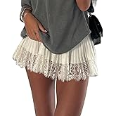 Muineobuka Women Y2k Lace Mini Skirts Summer Lace Slip Skirt Pleated Ruffle Floral Lace Tiered Short Skirts Underskirt