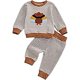 COORALLY Toddler Baby Boy Girl Thanksgiving Outfit Turkey Embroidery Stripe Long Sleeve Waffle Knit Sweatshirt and Pants Set