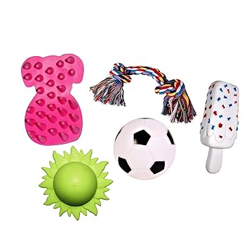 JAINSONS PET PRODUCTS Dog and Puppy Rubber Squeaky Ball and Cotton Bone Chew Toy (Multicolour)