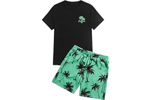 GORGLITTER Men's 2 Piece Short Sleeve Graphic Tee Hawaiian Printed Drawstring Shorts Set