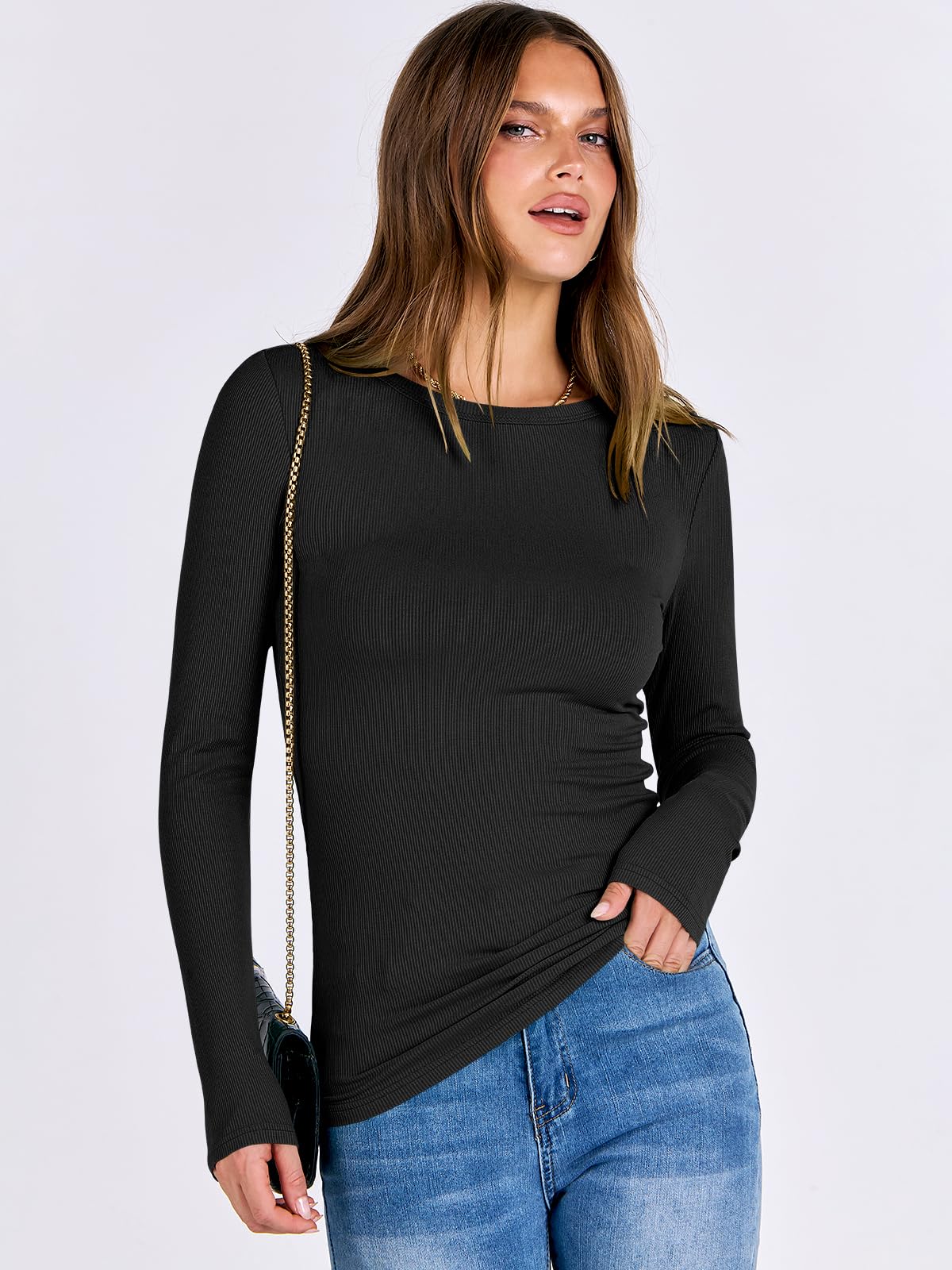 ANRABESS Women Long Sleeve Shirts Rib Knit Slim Fit Tops Basic Tee 2025 Fall Outfits Casual T-Shirt Underscrubs Layer Clothes