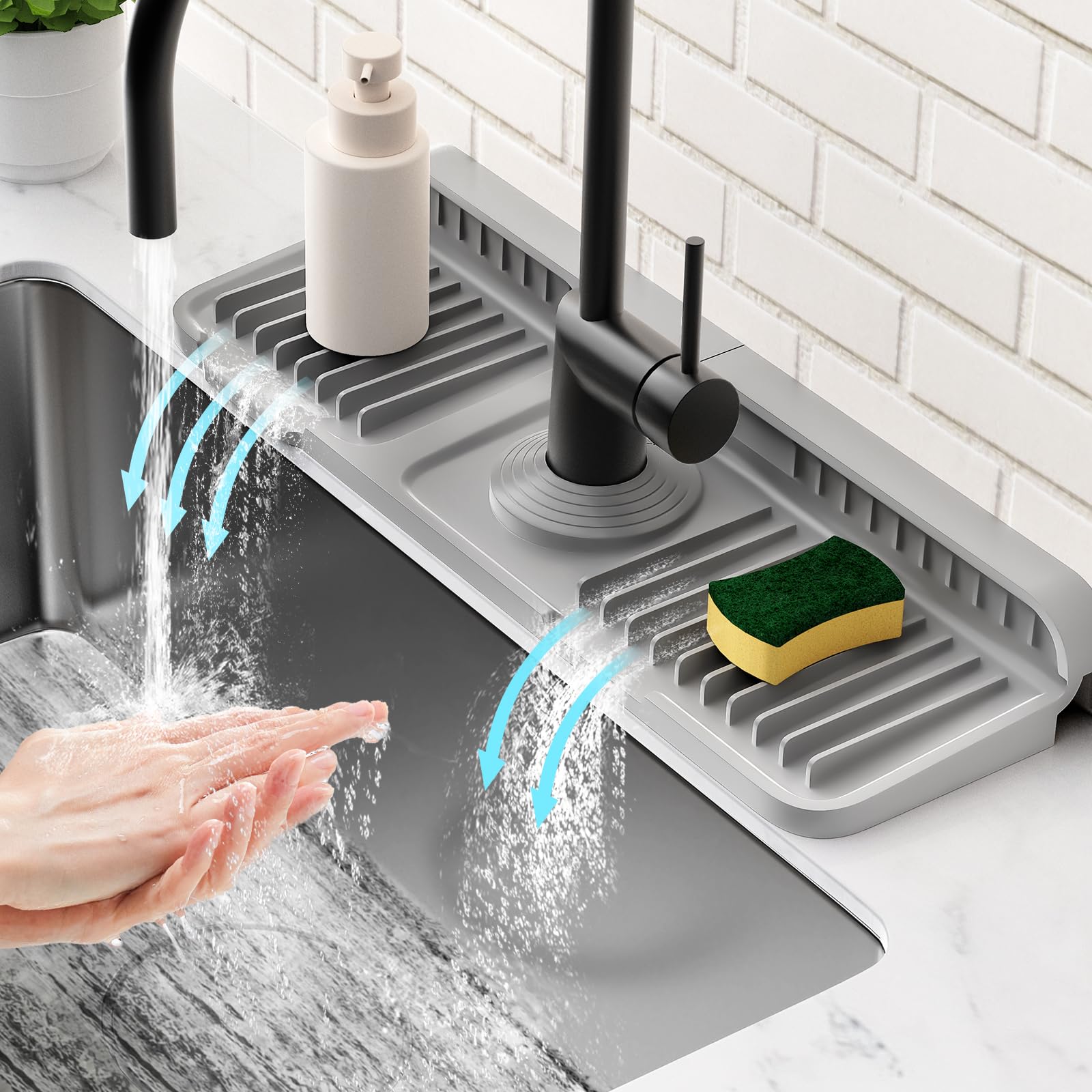 Photo 1 of 14.6 inch Faucet Mat for Kitchen Sink Splash Guard[7° Slope Fast Self-draining][Snap Lock Fit]Kitchen Sink Faucet Mat Splash Guard Kitchen Sink Area Water Splash Guard Behind Faucet Draining Mat