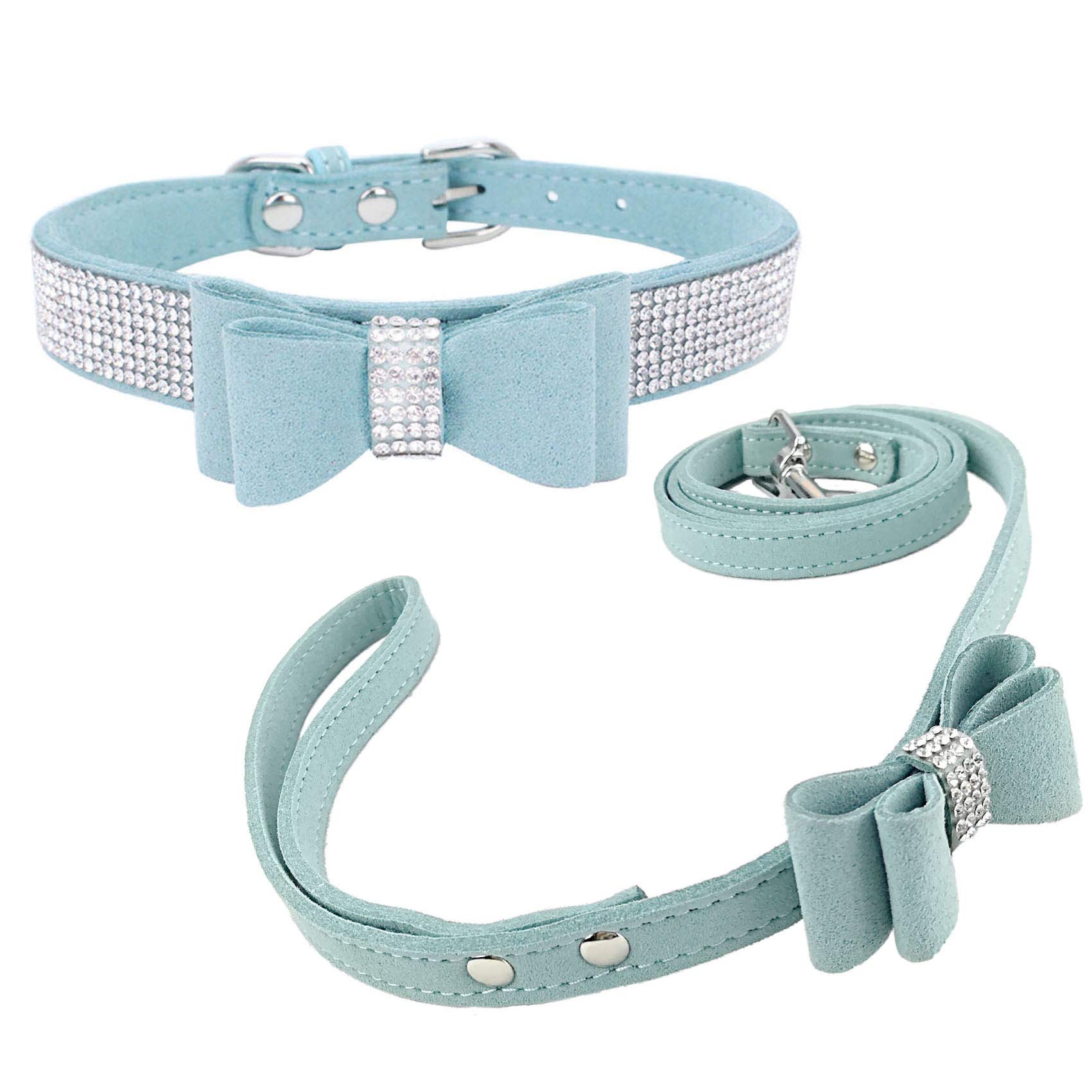 Newtensina Fashion Dog Collar and Lead with Bow Tie Bling Puppy Collar Leash with Bow for Dog - Blue - M