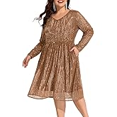 CARCOS Plus Size Sequin Dresses for Women V Neck Long Sleeve Party Dress Sparkle Club Dresses Evening Wedding Dresses XL-5XL